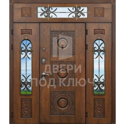 Трехстворчатая фрамужная входная усиленная элитная дверь с окошком кованая ДПК-12547