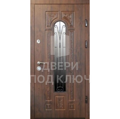 Одностворчатая входная дверь со стеклопакетом и элементами ковки ДПК-11512
